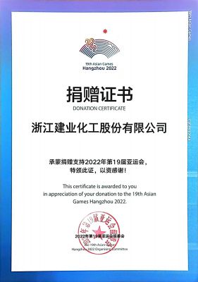 支持第19届亚运会捐赠证书